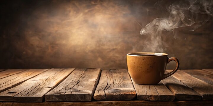 A steaming cup of coffee rests on a rustic wooden table against a blurred brown background