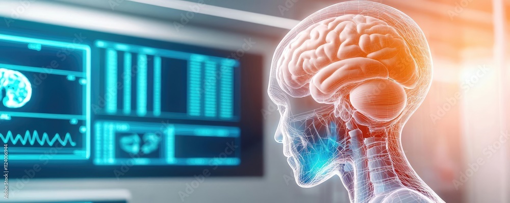 Aufkleber Futuristic representation of a human brain with digital data visualization.