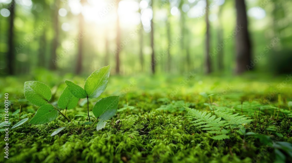 Aufkleber a serene green forest scene with soft sunlight filtering through foliage.