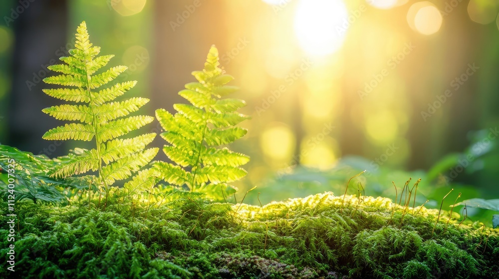 Poster lush ferns basking in sunlight within a serene forest setting.