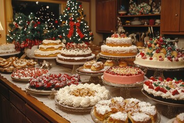A holiday baking contest in a home kitchen, with several cakes and cookies on display. The counters are crowded