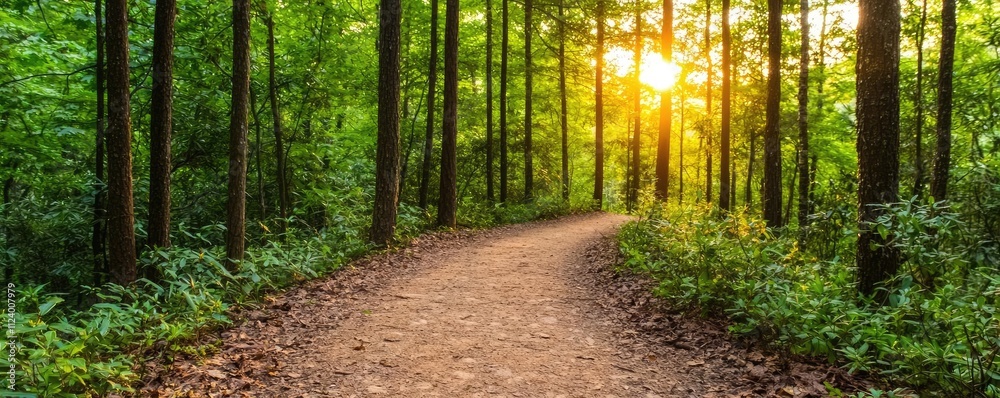 Poster a serene forest path illuminated by golden sunlight, inviting exploration and tranquility.