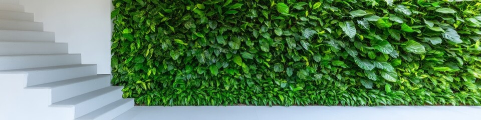 2409_100 A tranquil natural scene with clean space above, overlooking a serene setting featuring vertical garden, with an open space nestled amidst living wall, set against a urban greenery backdrop,