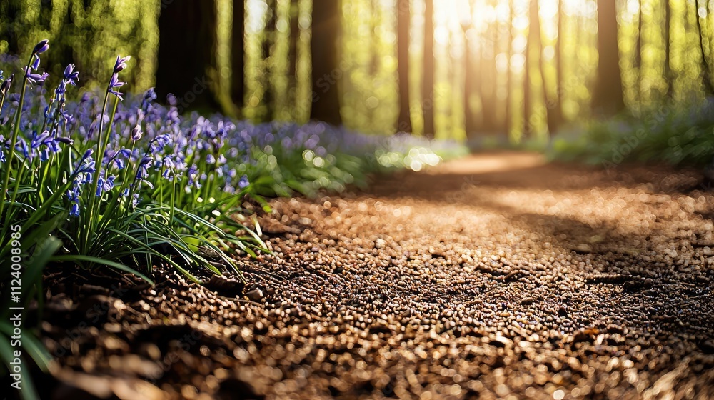 Poster A serene forest path lined with blooming flowers and dappled sunlight filtering through trees.
