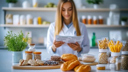 Nutritionist Providing Gluten-Free Dietary Consultation With Food Ingredient Samples.