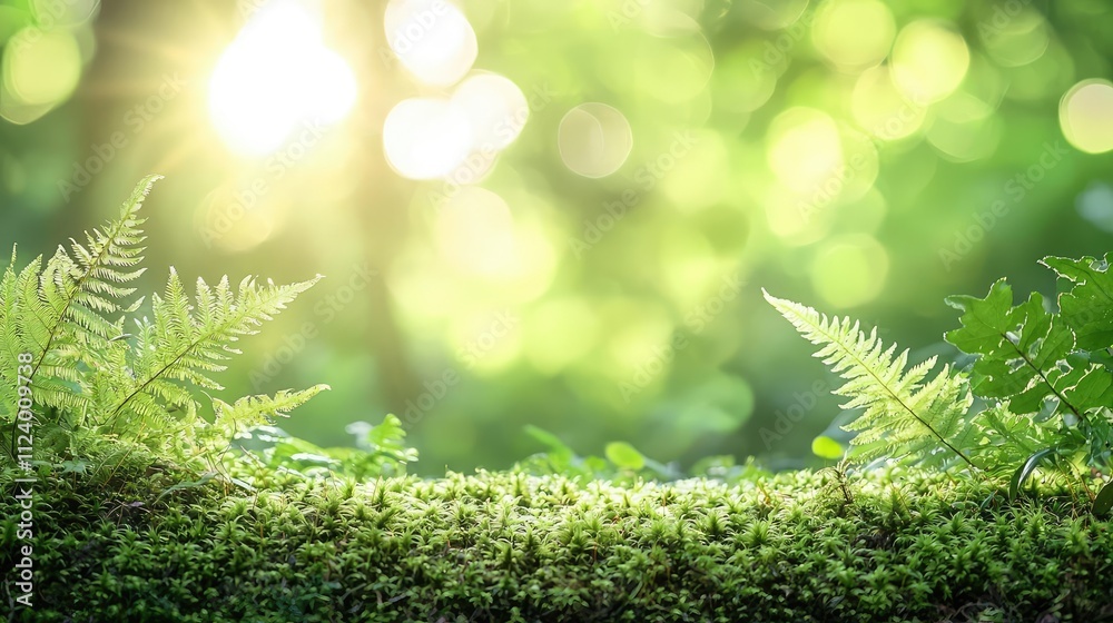 Aufkleber lush green ferns illuminated by soft sunlight in a tranquil forest setting.