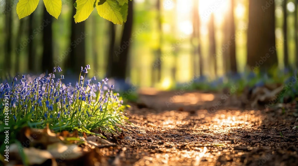 Poster a serene forest scene with blooming bluebells and sunlight filtering through trees.