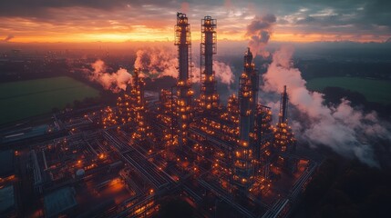Naklejka premium Aerial view of a large industrial complex at sunset, emitting smoke and glowing lights.