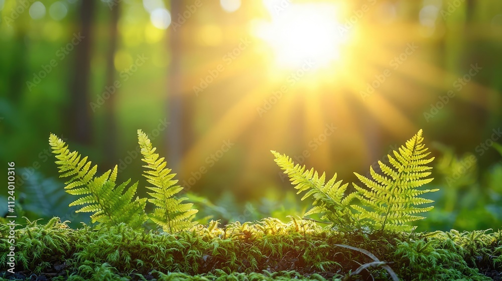 Poster Bright ferns basking in sunlight, creating a serene forest atmosphere.