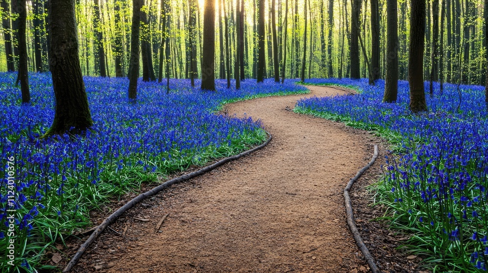 Poster a tranquil forest path with blue flowers and sunlight streaming through the trees.
