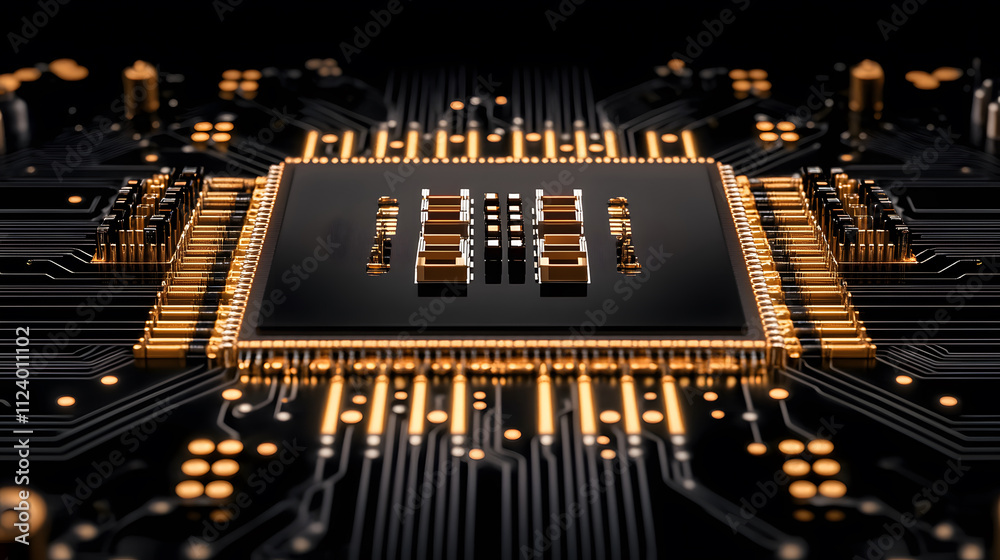 Poster A close-up view of a microchip surrounded by intricate circuitry, showcasing modern technological design and connectivity