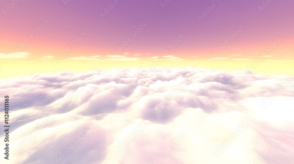 Poster A serene view of fluffy clouds illuminated by a gradient sky at sunset, creating a tranquil and dreamy atmosphere
