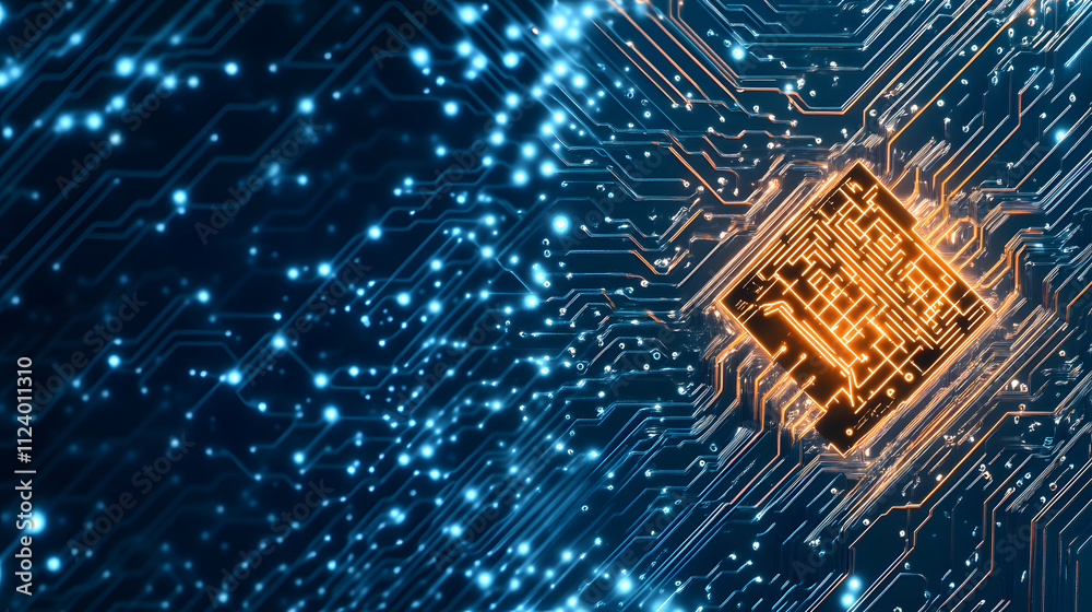 Poster A glowing microchip surrounded by a network of blue circuits and digital particles, symbolizing advanced technology and innovation