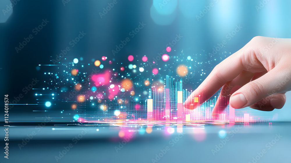 Aufkleber A finger interacts with a colorful, animated data visualization, suggesting engagement with technology and data analysis
