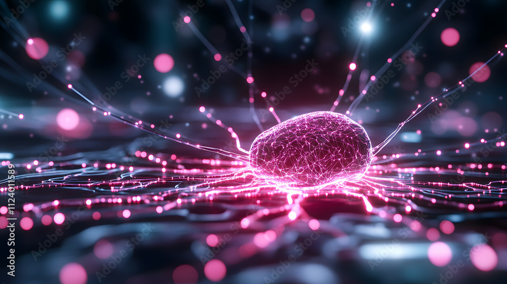 Poster A vibrant, digital representation of a glowing cell-like structure surrounded by luminous particles and energy waves, suggesting dynamic biological activity