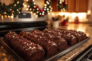 A tray of freshly baked chocolate yule log cakes cooling on the counter. The kitchen is decorated with holiday light