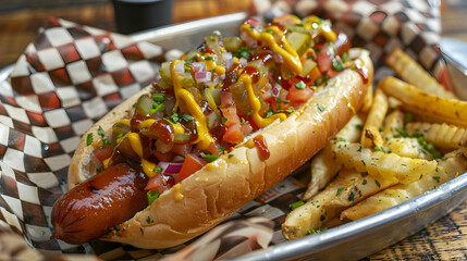 Delicious Gourmet Hot Dog with Fries - Realistic Food Photo
