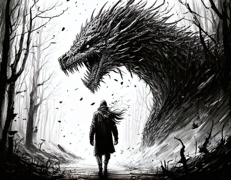 A lone figure in the forest watches a rising dragon