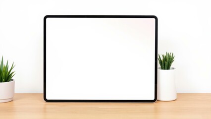 Fototapeta premium Modern Workspace with Blank Tablet and Plants - Ideal for Mockups and Presentations