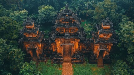 Fototapeta premium Aerial view of an ancient temple surrounded by lush greenery, showcasing historical architecture.