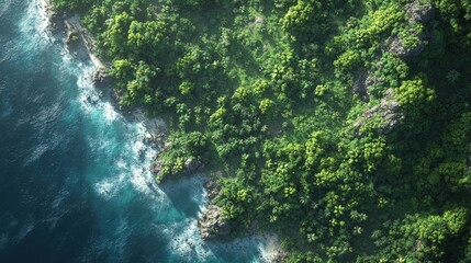 Obraz premium Aerial view of lush greenery meeting the ocean, showcasing nature's beauty and serenity.