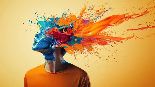 A surreal artwork of a person with their head exploding into vibrant splashes of paint, set against a minimalist pale background, capturing the energy and creativity of artistic expression