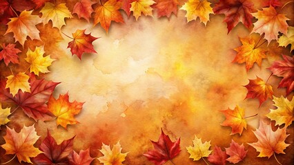 Autumnal watercolor background with vibrant fall foliage border