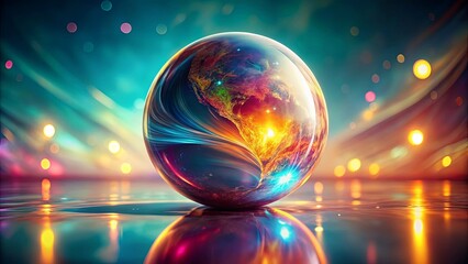 Enigmatic Orb A Vibrant, Abstract Representation of Planet Earth Within a Crystal Sphere, Reflecting on a Shimmering Surface