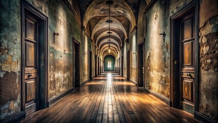 Fototapeta premium A long, dimly lit corridor in an old, decaying building with wooden doors and arched ceilings