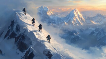 A team of mountaineers climbs a snow-covered ridge, their ropes and gear glinting in the sunlight, with the vast, breathtaking mountain range stretching beyond.