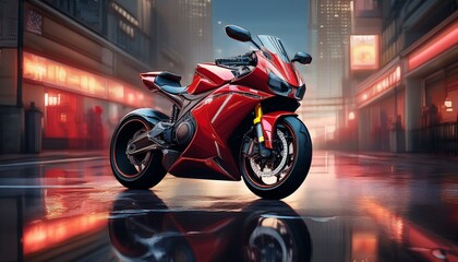 Obraz premium Red sports motorcycle parked on wet, reflective city street with neon lights, photorealistic. 