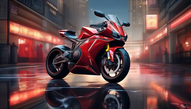 Red sports motorcycle parked on wet, reflective city street with neon lights, photorealistic.
