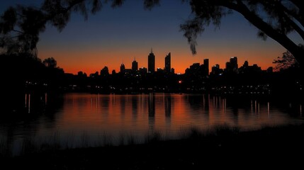 Obraz premium City skyline at sunset reflected in water, creating a serene atmosphere.