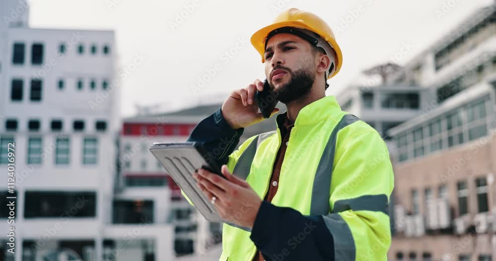 Aufkleber Engineering, phone call or man with tablet, conversation or communication for project. Person, inspector or architecture with tech, cellphone or construction site with building development or contact