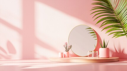 Fototapeta premium Minimalist vanity setup with natural lighting on a pink background
