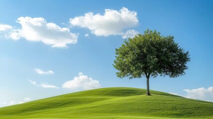 Obraz premium Lush Green Hill with Solitary Tree Beneath Bright Blue Sky and Fluffy Clouds