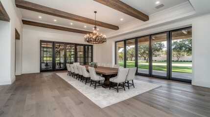 Fototapeta premium Elegant modern dining room with large table and stylish chandelier, bright windows