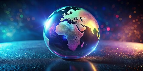 Obraz premium A shimmering globe, illuminated by vibrant cosmic dust, rests on a sparkling surface, representing global connectivity and unity