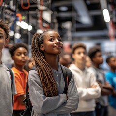 Obraz premium A diverse group of middle school students engages with a tech company.