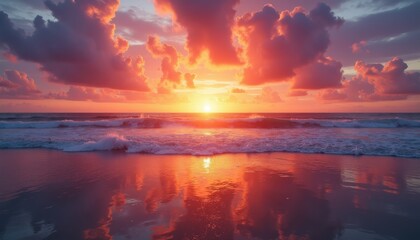 Fototapeta premium As the sun sets, the sky is ablaze with colors of deep orange, red, and purple, while gentle waves ripple across the calm ocean.