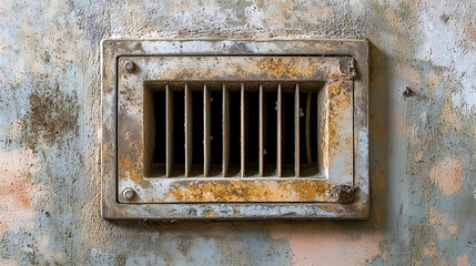 Pathogen growth on bathroom air vents, and a wall of deteriorating texture with peeling paint and visible grime, showing ventilation-related contamination and germs.