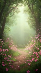 Fototapeta premium Pathway through a tranquil flower-filled forest.