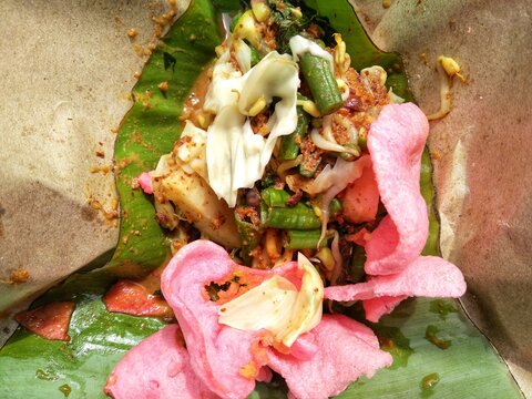 Lotek, traditional indonesian salad. Made from various kind of steamed vegetable mixed with spicy peanut sauce and crackers.