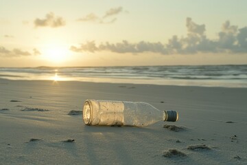 Obraz premium Plastic Bottle Disposed on Sandy Beach at Sunset in Calm Coastal Scene Reflecting Environmental Pollution and Human Impact on Nature