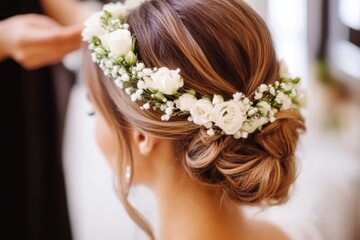 Naklejka premium Elegant wedding hairstyle featuring floral accents.