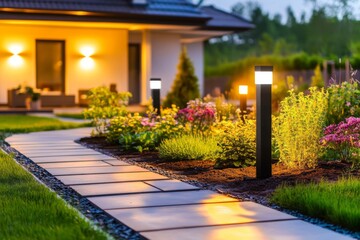 Obraz premium Enhancing garden aesthetics at nighttime with thoughtful lighting.