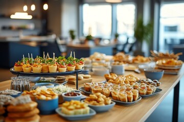 Office catering featuring an array of canapes and snacks.