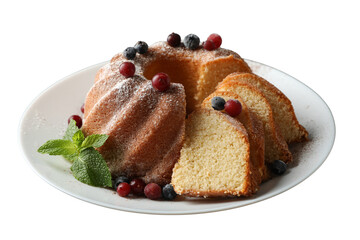 PNG, Christmas cake, cake in a plate, side view, isolated on white background.