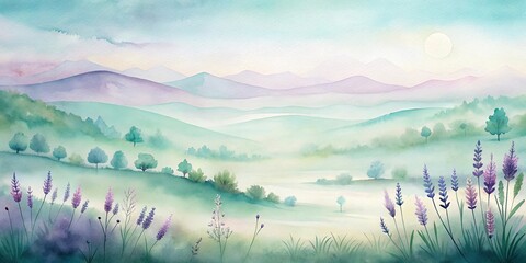 Fototapeta premium Serene Watercolor Landscape of Rolling Hills and Lavender Fields under a Gentle Sun
