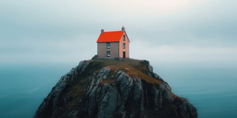 A solitary house with a red roof perched on a rocky cliff overlooking the ocean.